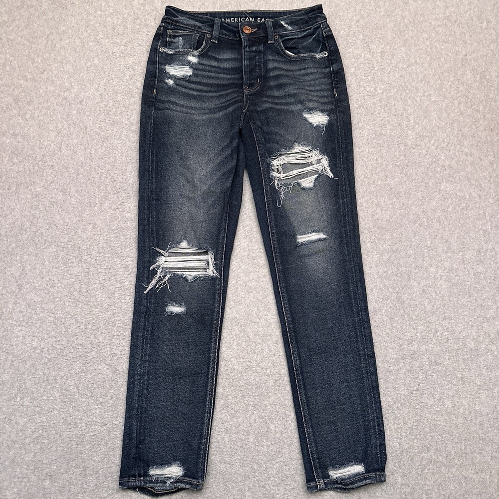 American Eagle Tomgirl Jeans Women's 00‎ Distressed Dark Wash Denim Button Fly